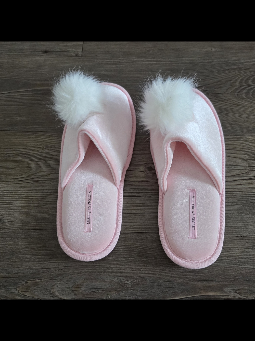Victoria's Secret Pink Plush Slippers with White Pom-Poms